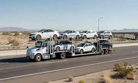 Multi-level car carrier on the highway to Sierra Vista, Arizona, United States