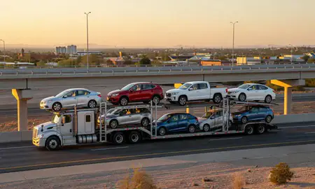 Car transporter with the Sierra Vista, Arizona, United States skyline behind it
