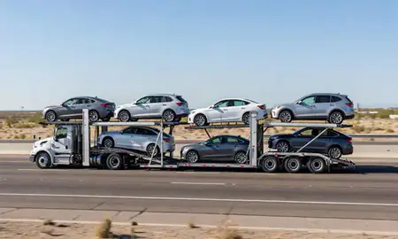 Multi-level car carrier on the highway to Sun City, Arizona, United States