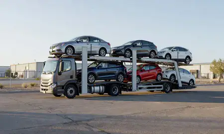 Car transporter loaded with vehicles in Sun City, Arizona, United States