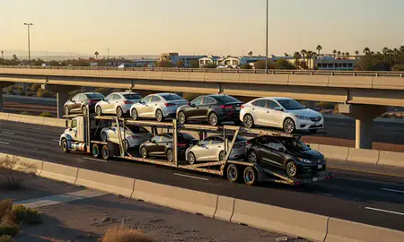 Car transporter with the Sun City, Arizona, United States skyline behind it