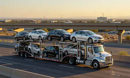 Car transporter with the Surprise, Arizona, United States skyline behind it
