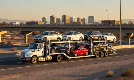 Car transporter with the Tempe, Arizona, United States skyline behind it