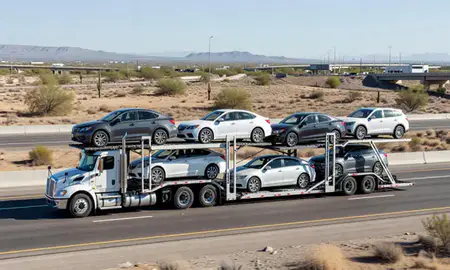 Multi-level car carrier on the highway to Tucson, Arizona, United States