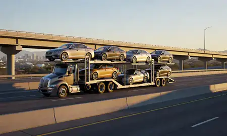Car transporter with the Tucson, Arizona, United States skyline behind it