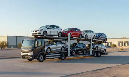 Car transporter loaded with vehicles in Yuma, Arizona, United States
