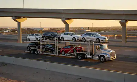 Car transporter with the Yuma, Arizona, United States skyline behind it
