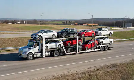 Multi-level car carrier on the highway to Arkansas, United States