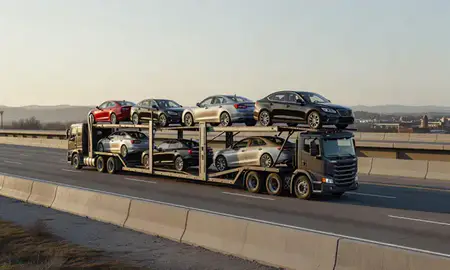 Car transporter with the Arkansas, United States skyline behind it