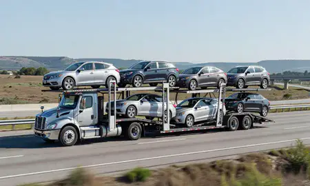 Multi-level car carrier on the highway to Bella Vista, Arkansas, United States