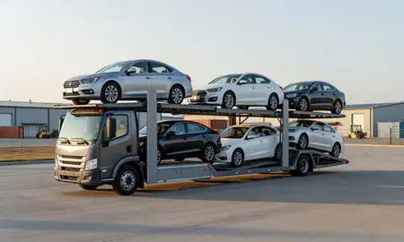 Car transporter loaded with vehicles in Bella Vista, Arkansas, United States
