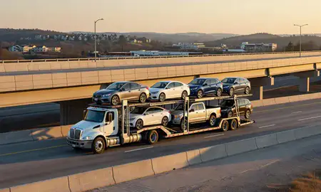 Car transporter with the Bella Vista, Arkansas, United States skyline behind it