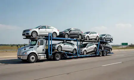 Multi-level car carrier on the highway to Benton, Arkansas, United States