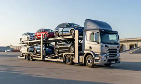 Car transporter loaded with vehicles in Benton, Arkansas, United States