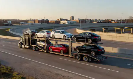 Car transporter with the Benton, Arkansas, United States skyline behind it