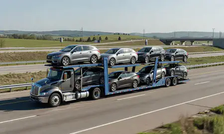 Multi-level car carrier on the highway to Bentonville, Arkansas, United States