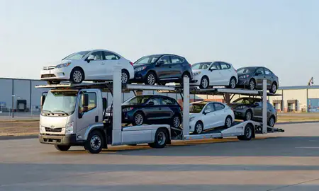 Car transporter loaded with vehicles in Bentonville, Arkansas, United States