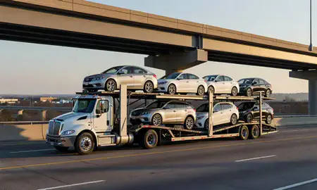 Car transporter with the Bentonville, Arkansas, United States skyline behind it