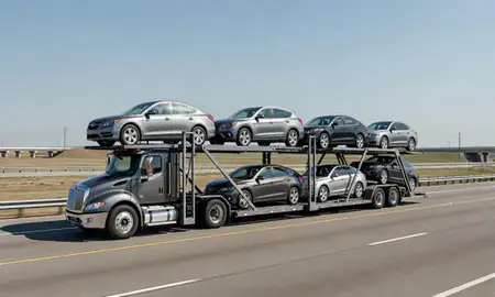 Multi-level car carrier on the highway to Blytheville, Arkansas, United States