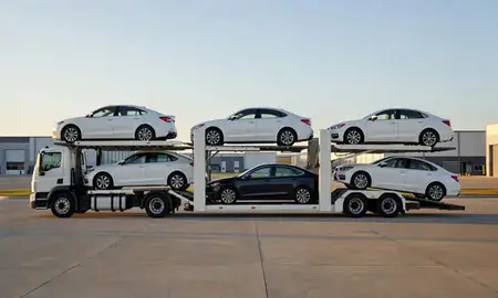 Car transporter parked in an industrial area of Blytheville, Arkansas, United States