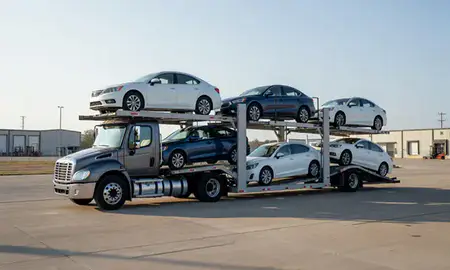 Car transporter loaded with vehicles in Blytheville, Arkansas, United States