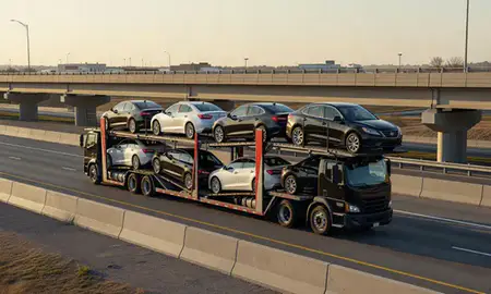 Car transporter with the Blytheville, Arkansas, United States skyline behind it