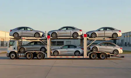 Car transporter parked in an industrial area of Bryant, Arkansas, United States