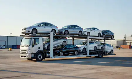 Car transporter loaded with vehicles in Bryant, Arkansas, United States