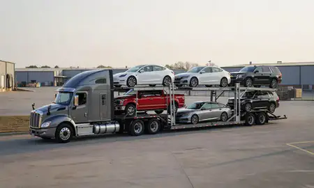 Car transporter loaded with vehicles in Cabot, Arkansas, United States