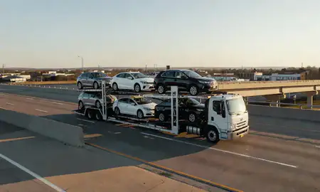 Car transporter with the Cabot, Arkansas, United States skyline behind it