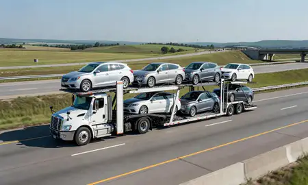 Multi-level car carrier on the highway to Centerton, Arkansas, United States