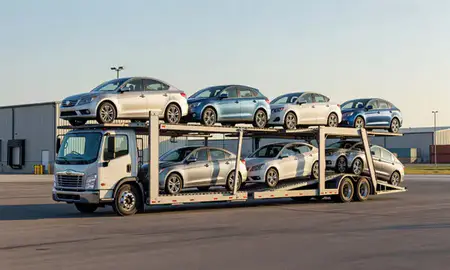 Car transporter loaded with vehicles in Centerton, Arkansas, United States