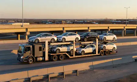 Car transporter with the Centerton, Arkansas, United States skyline behind it