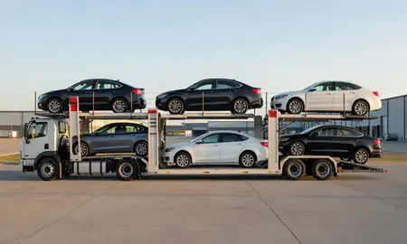 Car transporter parked in an industrial area of Conway, Arkansas, United States