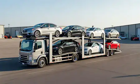 Car transporter loaded with vehicles in Conway, Arkansas, United States