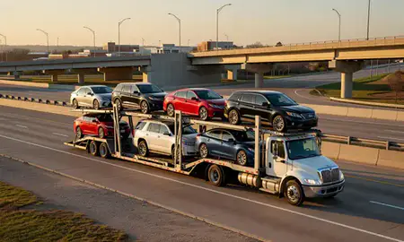 Car transporter with the Conway, Arkansas, United States skyline behind it