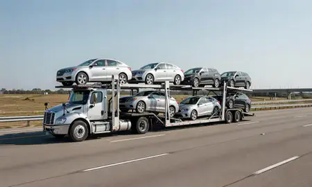 Multi-level car carrier on the highway to El Dorado, Arkansas, United States