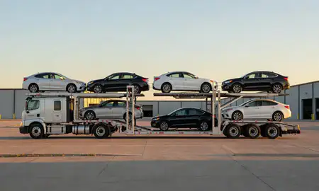 Car transporter parked in an industrial area of El Dorado, Arkansas, United States