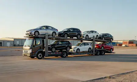 Car transporter loaded with vehicles in El Dorado, Arkansas, United States