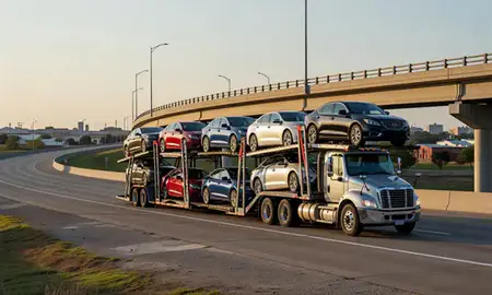 Car transporter with the El Dorado, Arkansas, United States skyline behind it