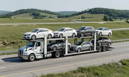 Multi-level car carrier on the highway to Fayetteville, Arkansas, United States