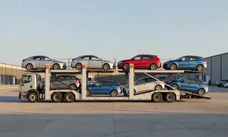 Car transporter parked in an industrial area of Fayetteville, Arkansas, United States