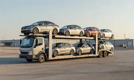 Car transporter loaded with vehicles in Fayetteville, Arkansas, United States