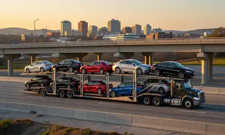 Car transporter with the Fayetteville, Arkansas, United States skyline behind it