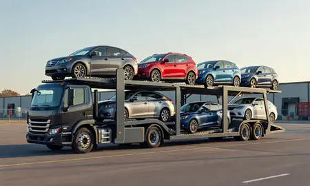 Car transporter loaded with vehicles in Fort Smith, Arkansas, United States