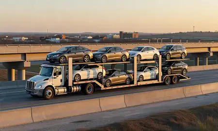Car transporter with the Fort Smith, Arkansas, United States skyline behind it
