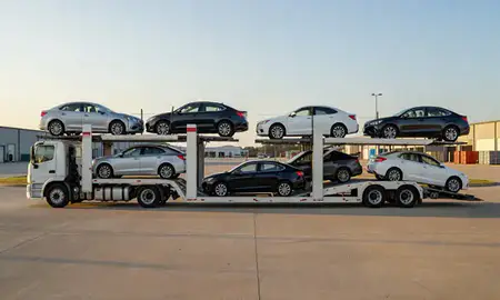 Car transporter parked in an industrial area of Hot Springs Village, Arkansas, United States