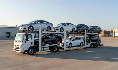 Car transporter loaded with vehicles in Hot Springs Village, Arkansas, United States