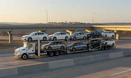 Car transporter with the Hot Springs Village, Arkansas, United States skyline behind it