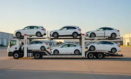 Car transporter parked in an industrial area of Hot Springs, Arkansas, United States